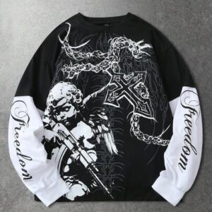 Spring Casual Graphic Men'S Casual Contrast Color Patchwork Angel Letter Print T-Shirt, Autumn