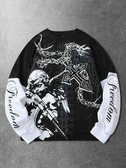 Spring Casual Graphic Men'S Casual Contrast Color Patchwork Angel Letter Print T-Shirt, Autumn