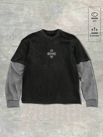Spring Casual Graphic Men'S Casual Gothic 2 In 1 Long Sleeve Round Neck T-Shirt