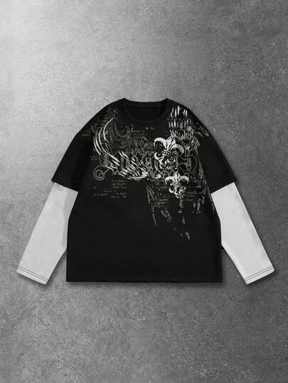 Spring Casual Graphic Men'S Casual Gothic Colorblock Long Sleeve T-Shirt