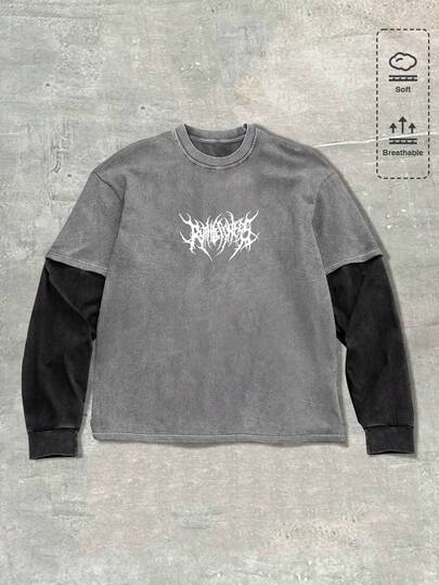 Spring Casual Graphic Men'S Casual Gothic Contrast Color Patchwork T-Shirt, Autumn, Long Sleeve Top