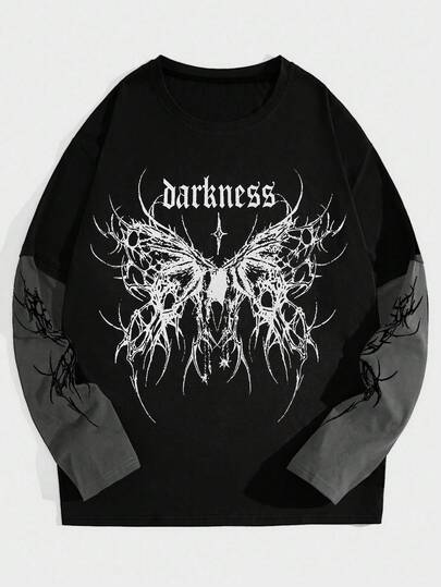 Spring Casual Graphic Men'S Letter Gothic Print Crew Neck Long Sleeve Casual T-Shirt
