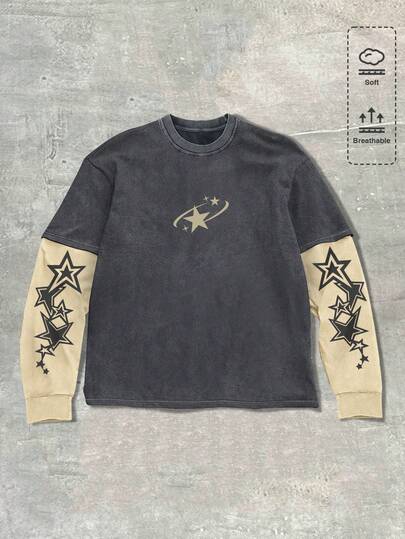 Spring Casual Graphic Men'S Pentagram Print Round Neck Casual Long Sleeve T-Shirt