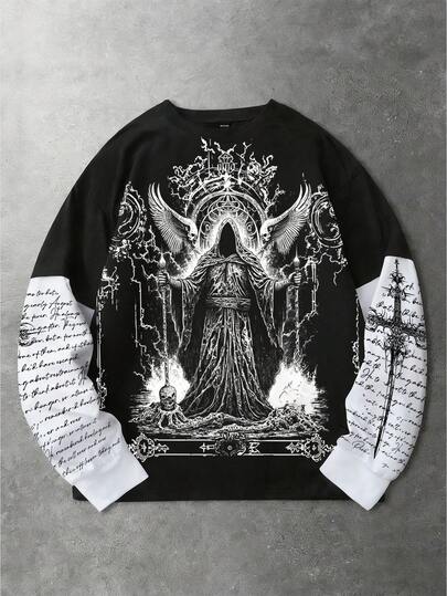 Spring Casual Graphic Men'S Slogan & Wing Print Casual Crew Neck Long Sleeve T-Shirt