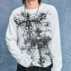 Spring Casual Graphic White Men'S Kpop Casual Everyday Skull & Wing Print Long Sleeve Sweatshirt, Autumn