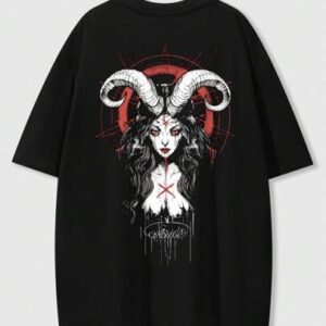 Spring/Summer Casual Graphic Men'S Dark Gothic Printed T-Shirt With Horned Figure Design, Suitable For Spring & Summer For Halloween, School