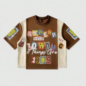 Spring/Summer Casual Graphic Men'S Patchwork Print T-Shirt, Loose Cropped Style, Retro Street