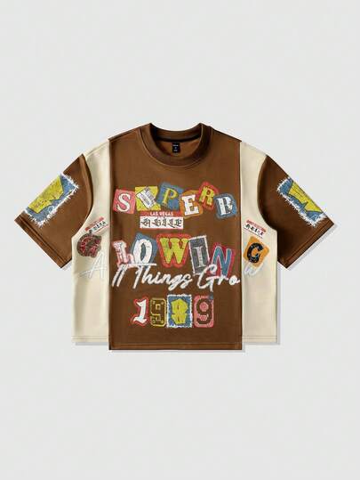 Spring/Summer Casual Graphic Men'S Patchwork Print T-Shirt, Loose Cropped Style, Retro Street
