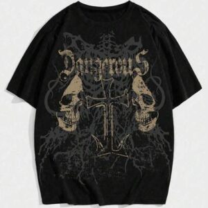 Spring/Summer Casual Graphic Men Gothic-Style Skull And Cross Printed Loose T-Shirt For Halloween, 2000S Style