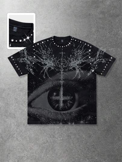 Street Life 2026 Spring, Autumn & Summer Men's Casual Rhinestone Embellished Round Neck Printed Short Sleeve T-Shirt, Punk Street Y2K Style Summer Top