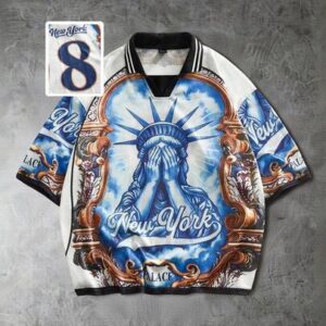 Street Life Casual Sports Liberty Statue & Number 8 Print Short Sleeve Polo Shirt, Suitable For Outdoor Wear