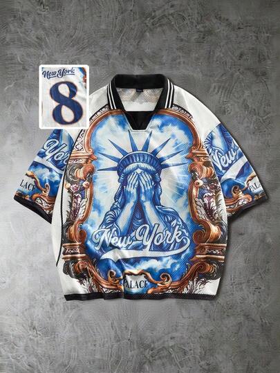 Street Life Casual Sports Liberty Statue & Number 8 Print Short Sleeve Polo Shirt, Suitable For Outdoor Wear