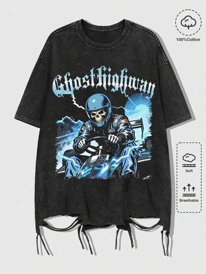 Street Life Distressed Punk Skeleton & Letter Print Crew Neck Short Sleeve T-Shirt