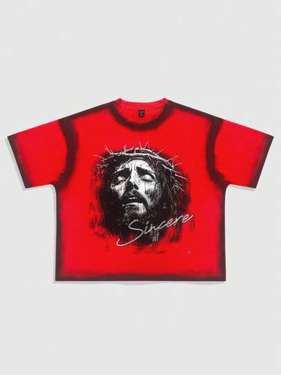 Street Life Jesus Loose Drop Shoulder Short Printed T-Shirt For Men