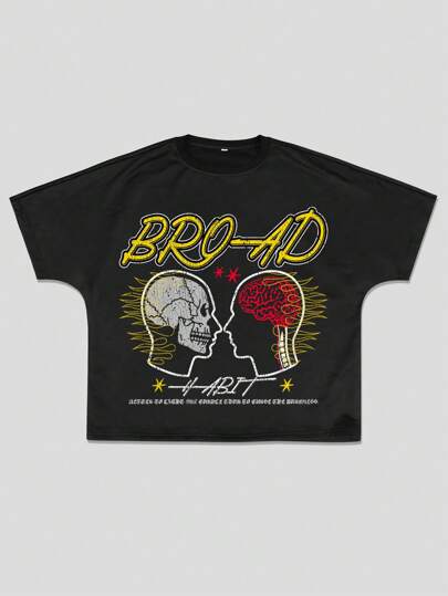 Street Life Loose Fit Men's Slogan & Figure Print Round Neck Short Sleeve T-Shirt