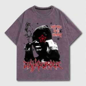 Street Life Men's Acid-Washed Portrait Printed T-Shirt, Suitable For Everyday Wear In Spring And Summer