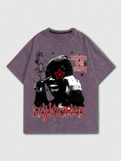 Street Life Men's Acid-Washed Portrait Printed T-Shirt, Suitable For Everyday Wear In Spring And Summer