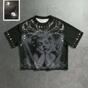 Street Life Men's Angel Print Rhinestone Decor Round Neck Short Sleeve T-Shirt