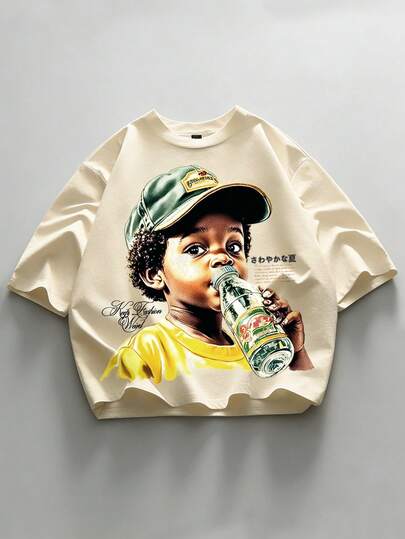 Street Life Men's Angel Print Short Sleeve T-Shirt, Suitable For Spring And Summer