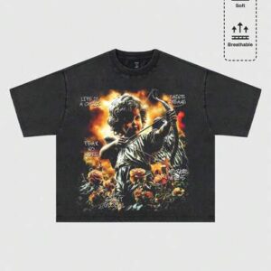 Street Life Men's Angel Rose Street Graphic Round Neck Black Short Sleeve T-Shirt