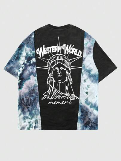 Street Life Men's Black Statue Of Liberty Graphic Patchwork And Tie-Dye T-Shirt