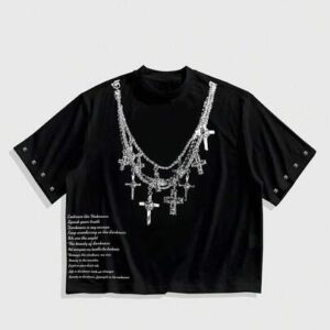 Street Life Men's Casual Fashion Street Cross Chain & Slogan Print Rivet Decor Short Sleeve Black T-Shirt, Summer