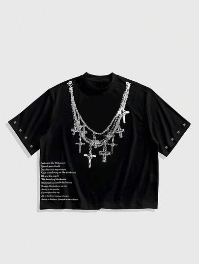 Street Life Men's Casual Fashion Street Cross Chain & Slogan Print Rivet Decor Short Sleeve Black T-Shirt, Summer