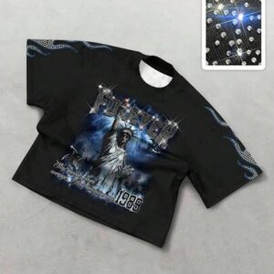 Street Life Men's Casual Fashion Street Statue Of Liberty Slogan Print Rhinestone Embellished Short Sleeve T-Shirt, Summer