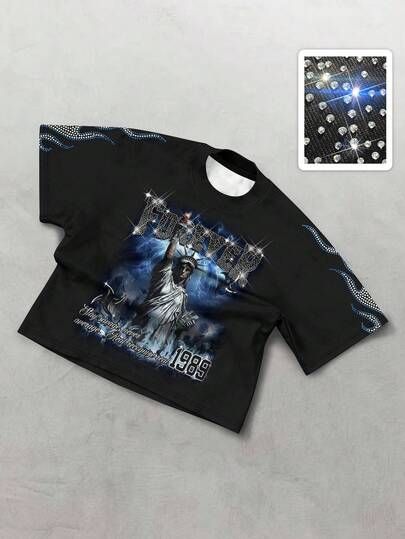 Street Life Men's Casual Fashion Street Statue Of Liberty Slogan Print Rhinestone Embellished Short Sleeve T-Shirt, Summer