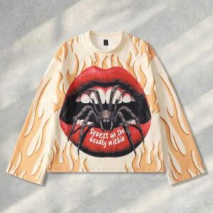Street Life Men's Casual Fashionable Street Spider, Red Lip, Flame Print Long Sleeve T-Shirt, Spring/Autumn