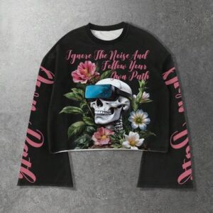Street Life Men's Casual Floral Letter & Skull Print Round Neck Flare Sleeve T-Shirt, Autumn