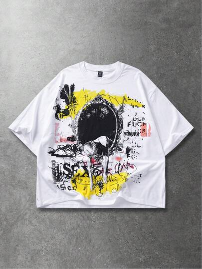Street Life Men's Casual Graffiti Print Short Sleeve T-Shirt, Summer