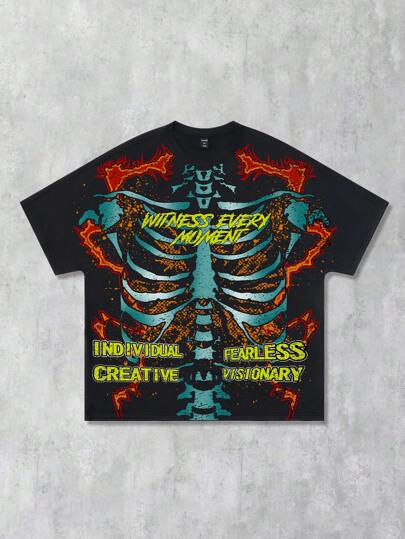 Street Life Men's Casual Skeleton Slogan Print Short Sleeve T-Shirt, Halloween