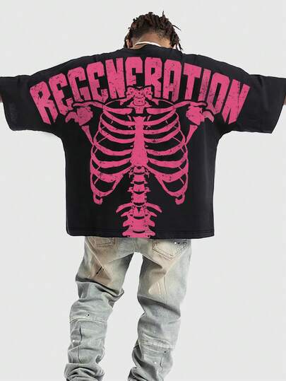 Street Life Men's Casual Skull & Letter Print Short Sleeve T-Shirt, Summer