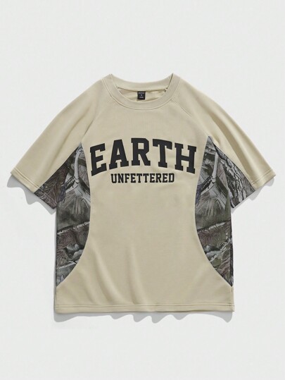 Street Life Men's Casual Street Camo Letter Patchwork Print Raglan Sleeve Short Sleeve T-Shirt, Summer
