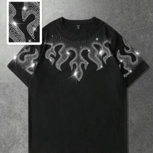 Street Life Men's Casual Street Style Rhinestone Embellished Flame Print Short Sleeve T-Shirt