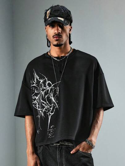 Street Life Men's Casual Thorn Print Half-Placket Round Neck Short Sleeve T-Shirt