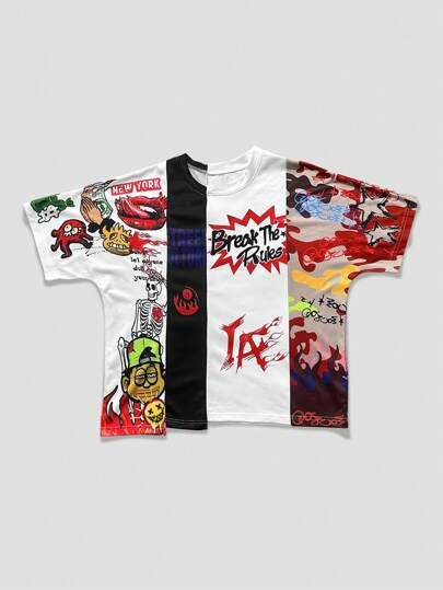 Street Life Men's Colorblock Graffiti Print Round Neck Short Sleeve T-Shirt