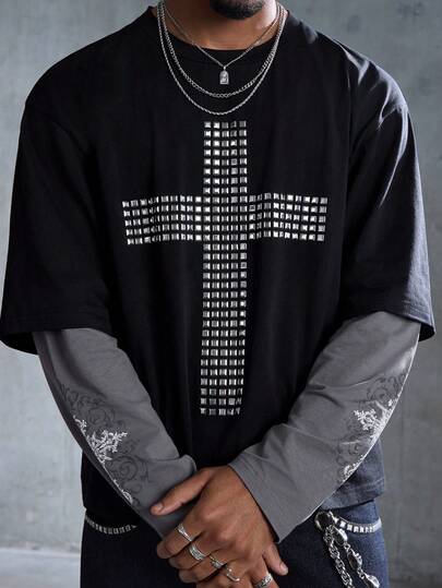 Street Life Men's Contrast Color 2 In 1 Long Sleeve T-Shirt With Silver Cross & Rhinestone Decor