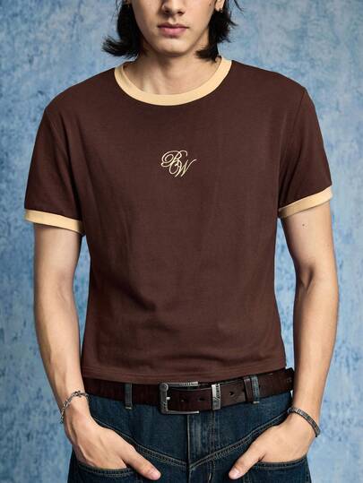 Street Life Men's Contrast Color Simple Letter Embroidery Short Sleeve Casual T-Shirt