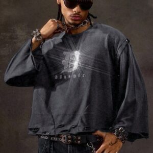 Street Life Men's Distressed Diamond Print Long Sleeve T-Shirt, Loose Cropped Fit