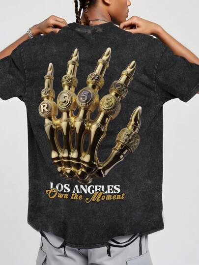 Street Life Men's Distressed Letter T-Shirt, With 3D Design That Realistically Depicts A Hand