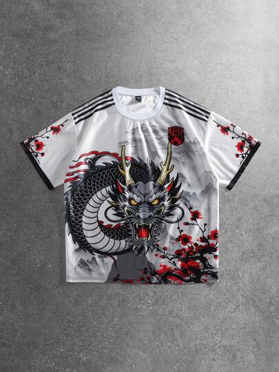 Street Life Men's Dragon & Flower Print Round Neck Casual Short Sleeve T-Shirt