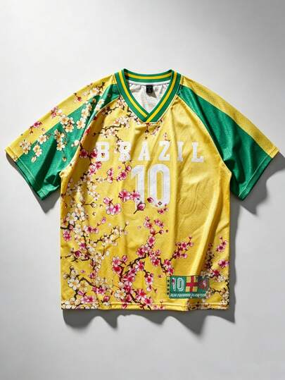 Street Life Men's Floral & Letter Print V-Neck Raglan Short Sleeve Casual T-Shirt