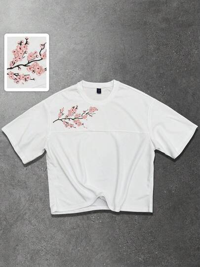 Street Life Men's Floral Embroidery Round Neck Short Sleeve T-Shirt