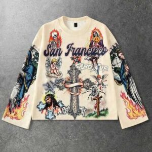 Street Life Men's Graphic Cross & Figure Print Long Sleeve T-Shirt, Vintage Street Style