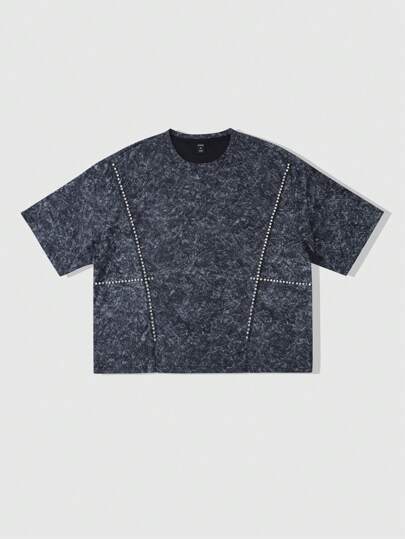 Street Life Men's Grunge Summer Round Neck Metal Stud Decor Loose Short Sleeve T-Shirt