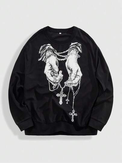 Street Life Men's Hand Print Loose Cross Casual Crew Neck Long Sleeve T-Shirt