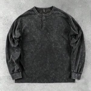 Street Life Men's Henley Shirt, Washed Vintage Long Sleeve T-Shirt, Relaxed Fit