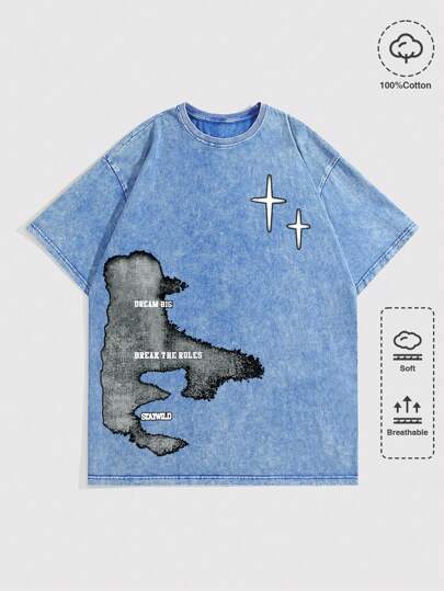 Street Life Men's High Street Vintage Distressed Snowflake Short Sleeve Round Neck T-Shirt, Suitable For Casual And Daily Wear In Spring And Summer, School